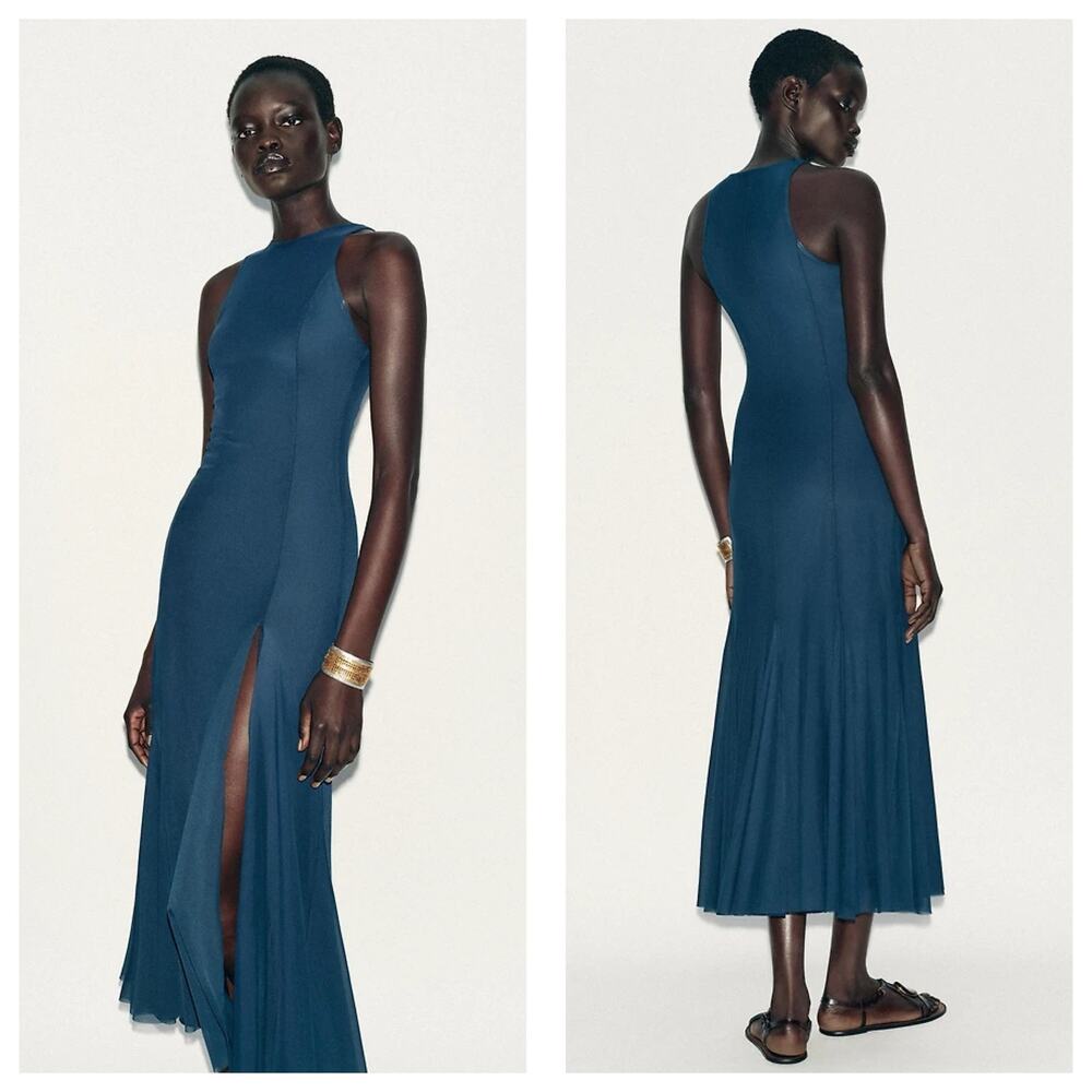 ZARA Godet Tulle Long Dress Midnight Blue 5039/830 Size Medium Cocktail Mesh